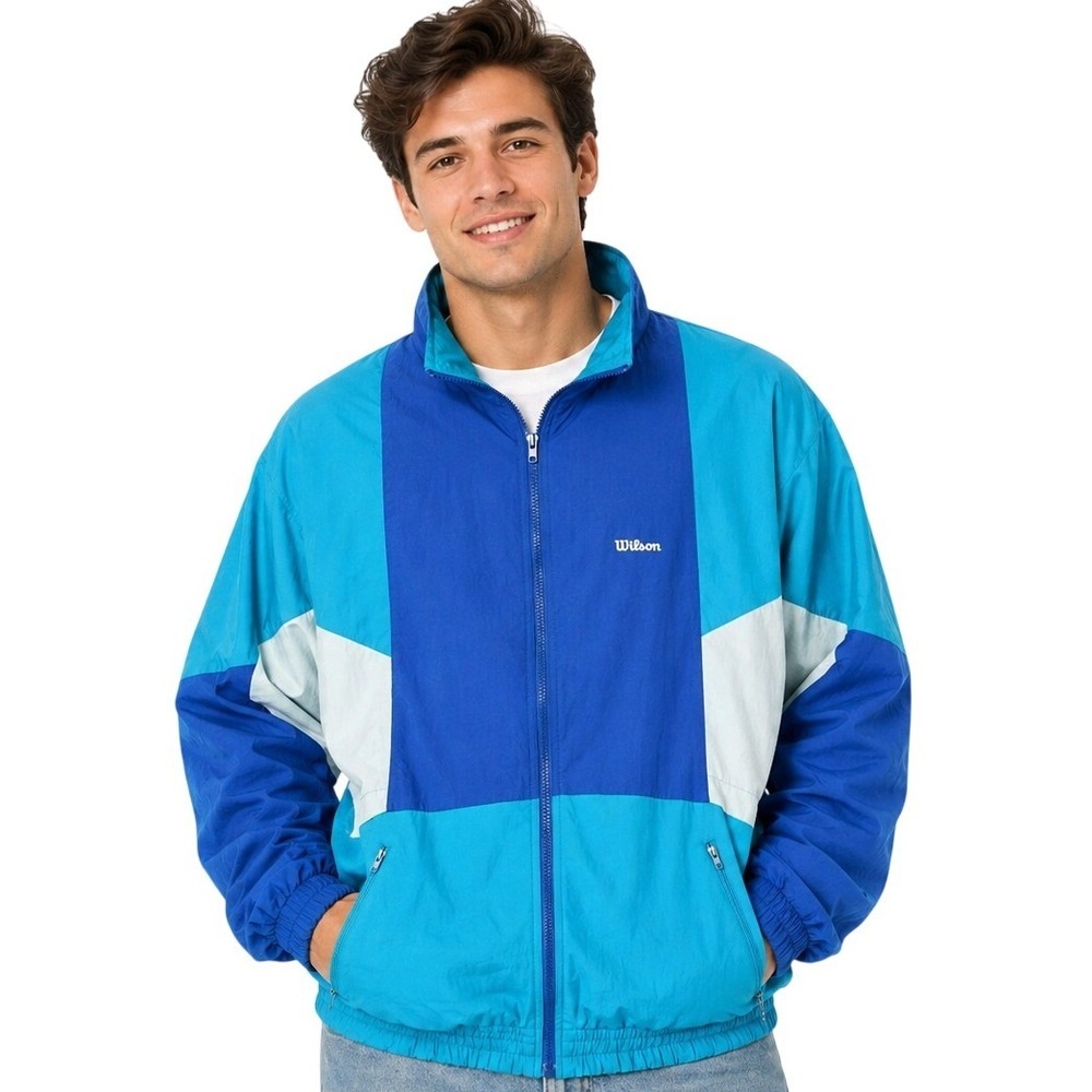 Wilson Windbreaker Jacket Mens M Blue Vintage Colorblock Full Zip Sportswear